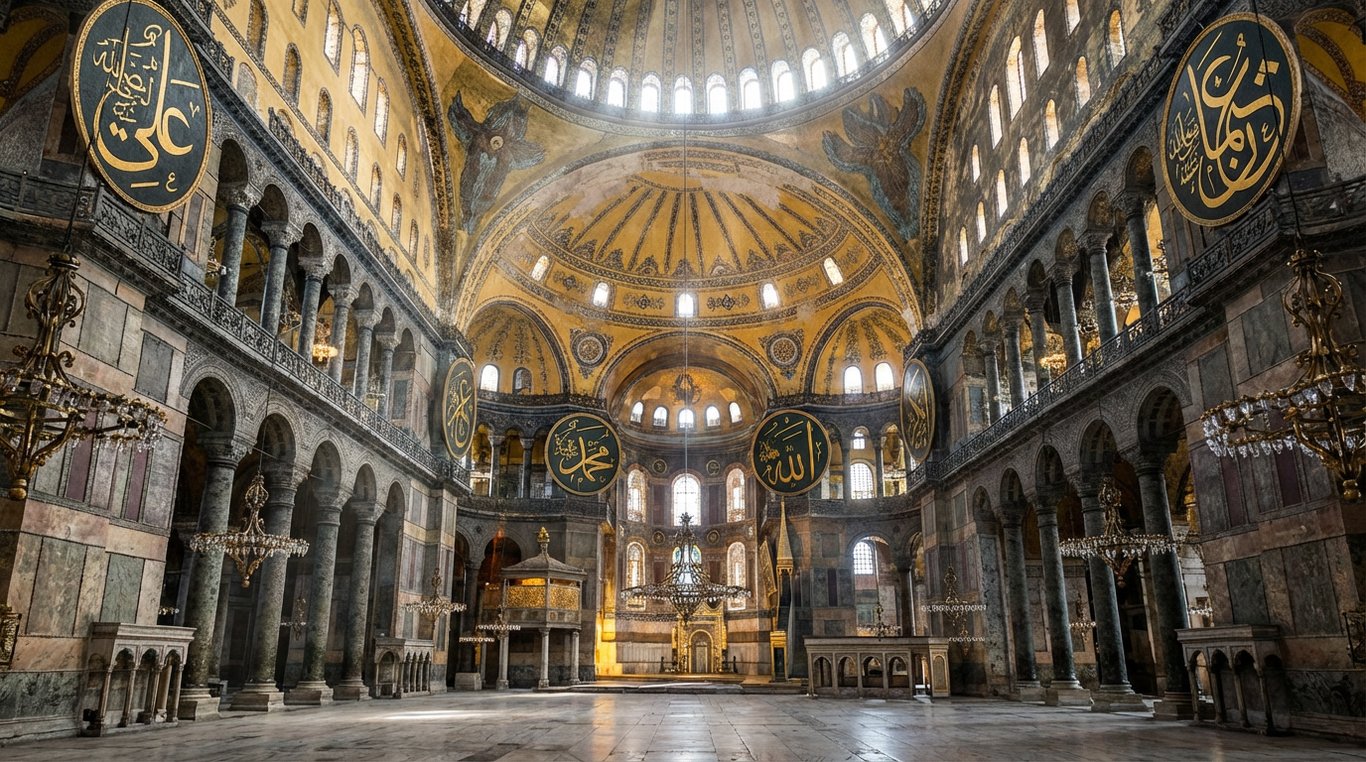 Interiorul impresionant al Hagia Sophia cu mozaicuri bizantine și candelabre otomane masive
