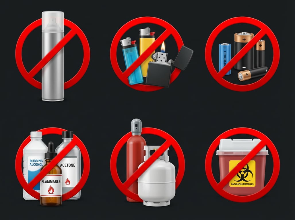 Ilustrație educațională cu obiecte interzise în bagajul de avion conform regulilor de securitate aeroportuară
