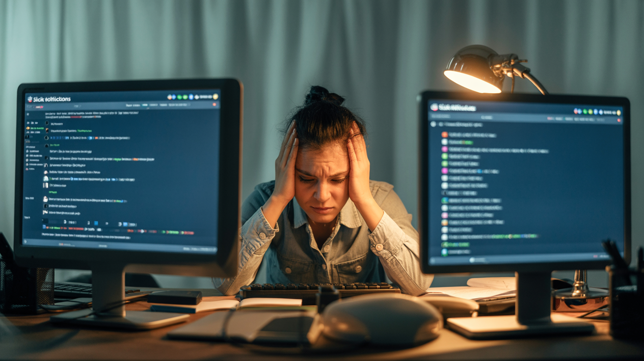 Person overwhelmed by Slack notifications on multiple devices