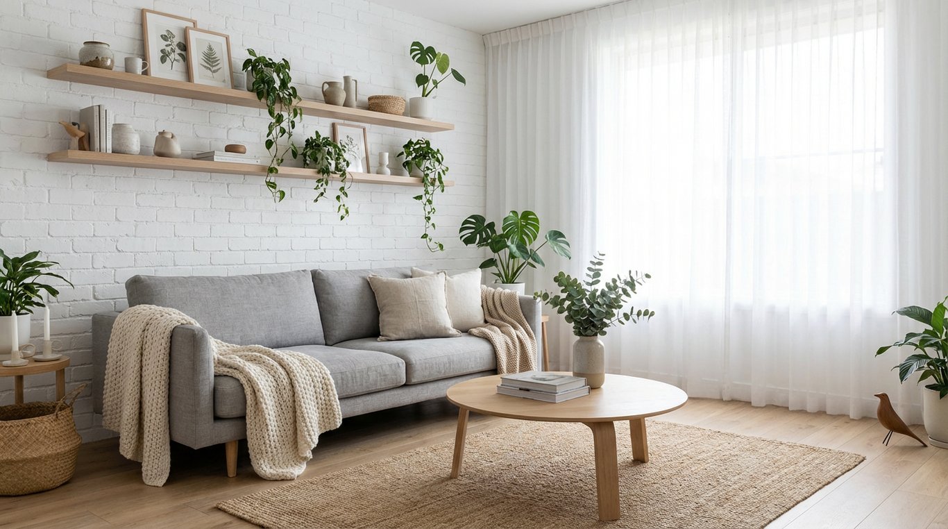 Perete accent cu cărămidă albă în stil scandinav cu mobilier minimalist și plante