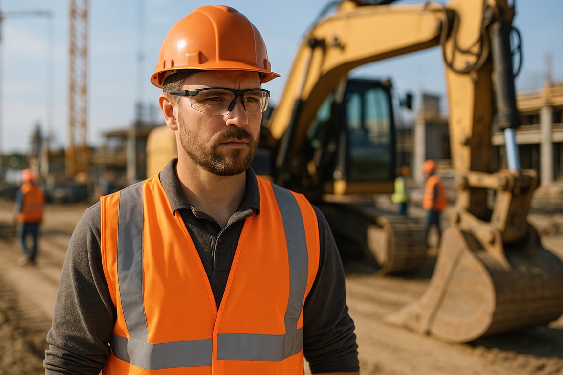 A photorealistic shot capturing a construction worker wearing a high-visibility vest and safety glasses on a construction site. The worker is standing near heavy machinery, and the background shows other workers and construction equipment. The lighting is bright and natural, highlighting the importance of visibility and eye protection on the job site.