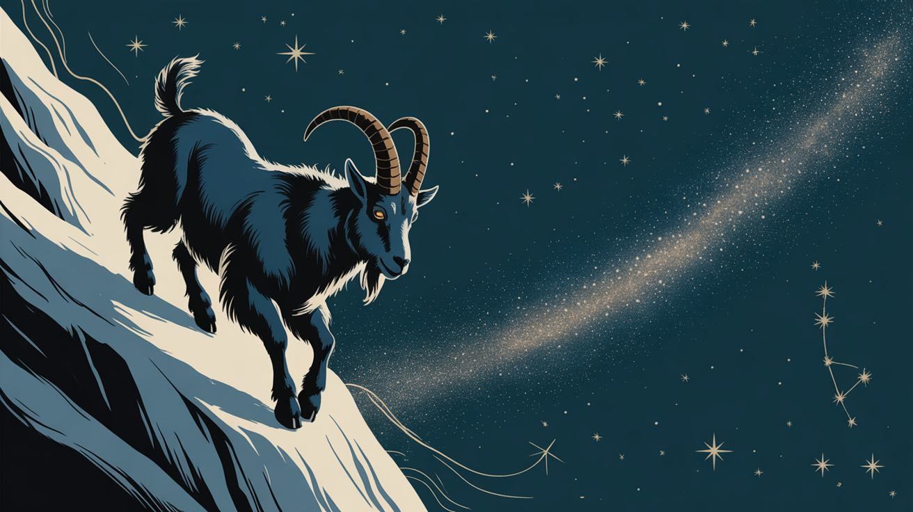 Ilustrație artistică a simbolului Capricornului, capra de munte stilizată.