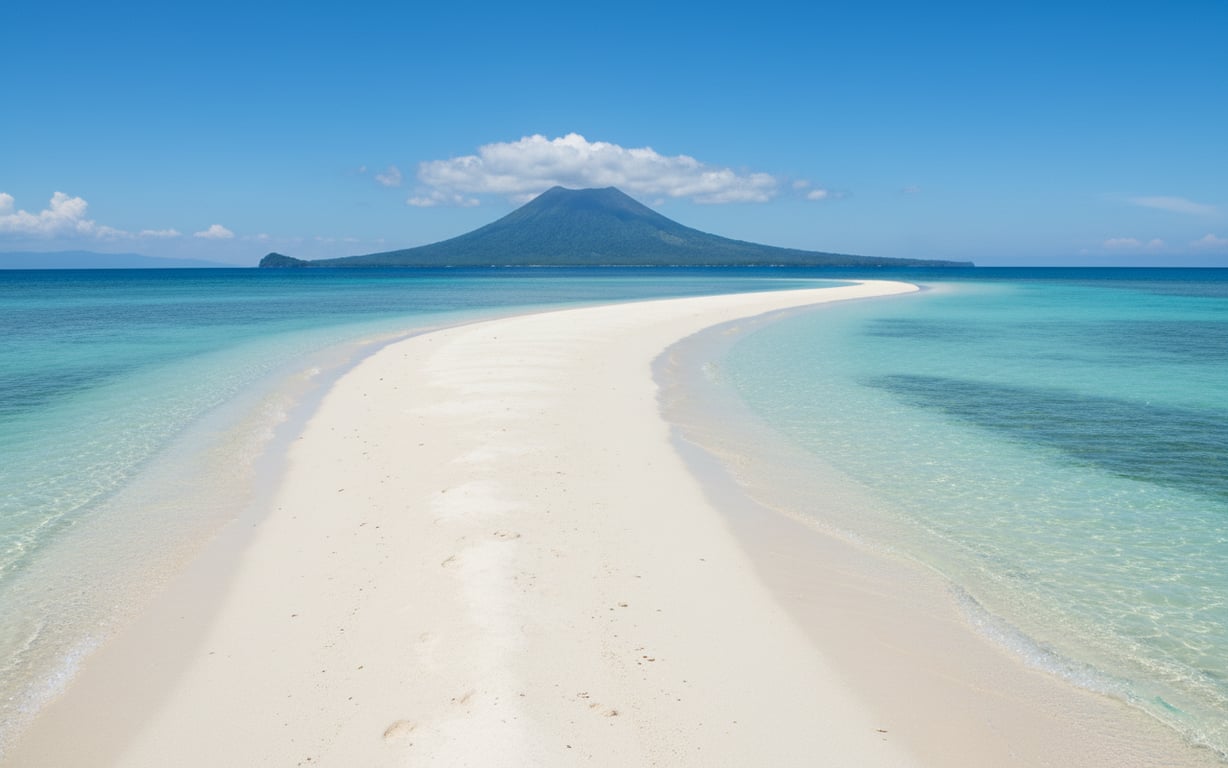 Fâșie îngustă de nisip alb înconjurată de ocean la White Island, Camiguin
