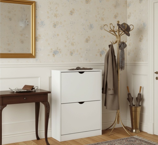 Pantofar modern slim din MDF alb, cu uși rabatabile pentru hol îngust