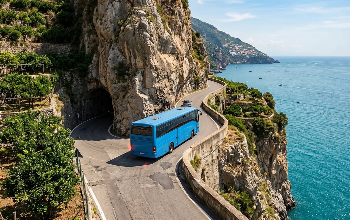Autobuz SITA pe șoseaua îngustă a Coastei Amalfi cu vedere la mare și stânci