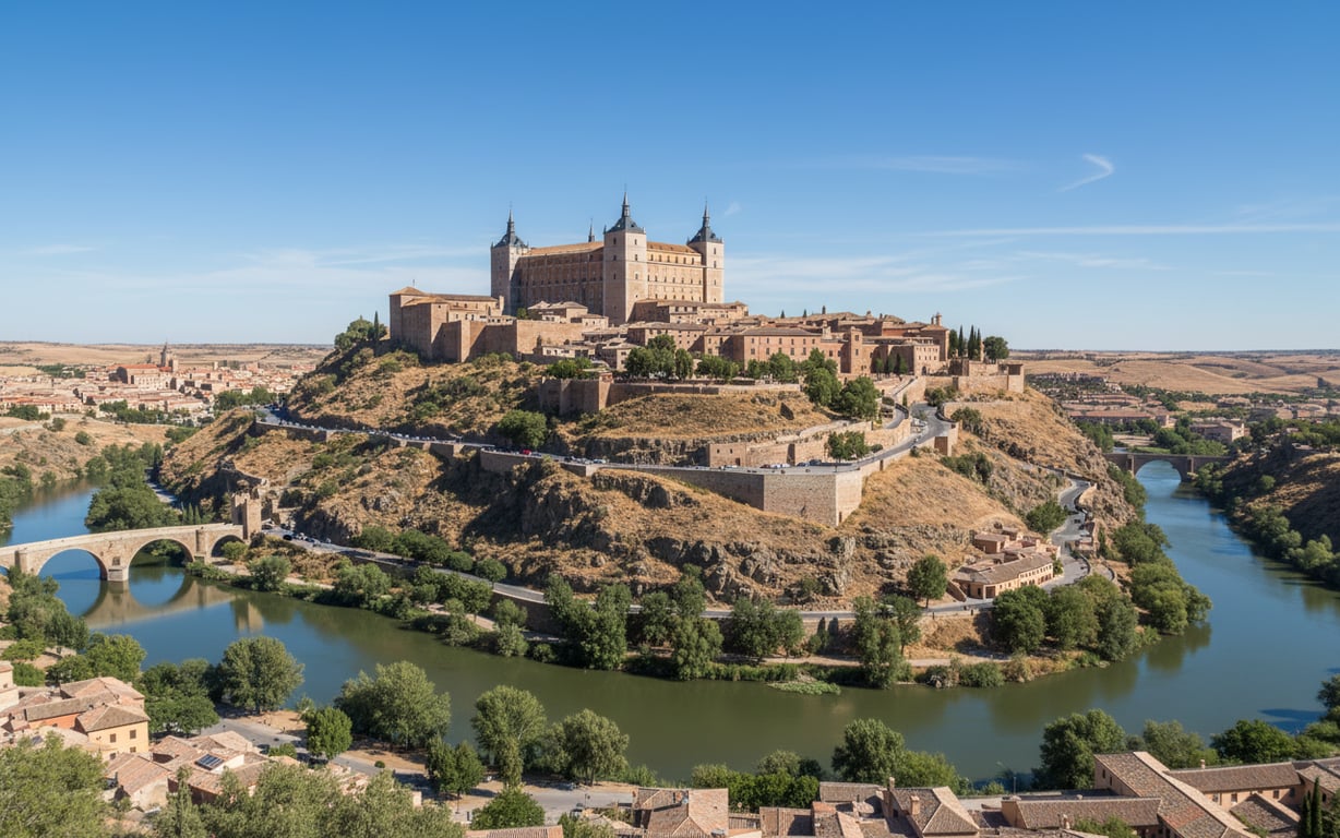 Alcazarul din Toledo văzut de la distanță, dominând orașul de pe deal