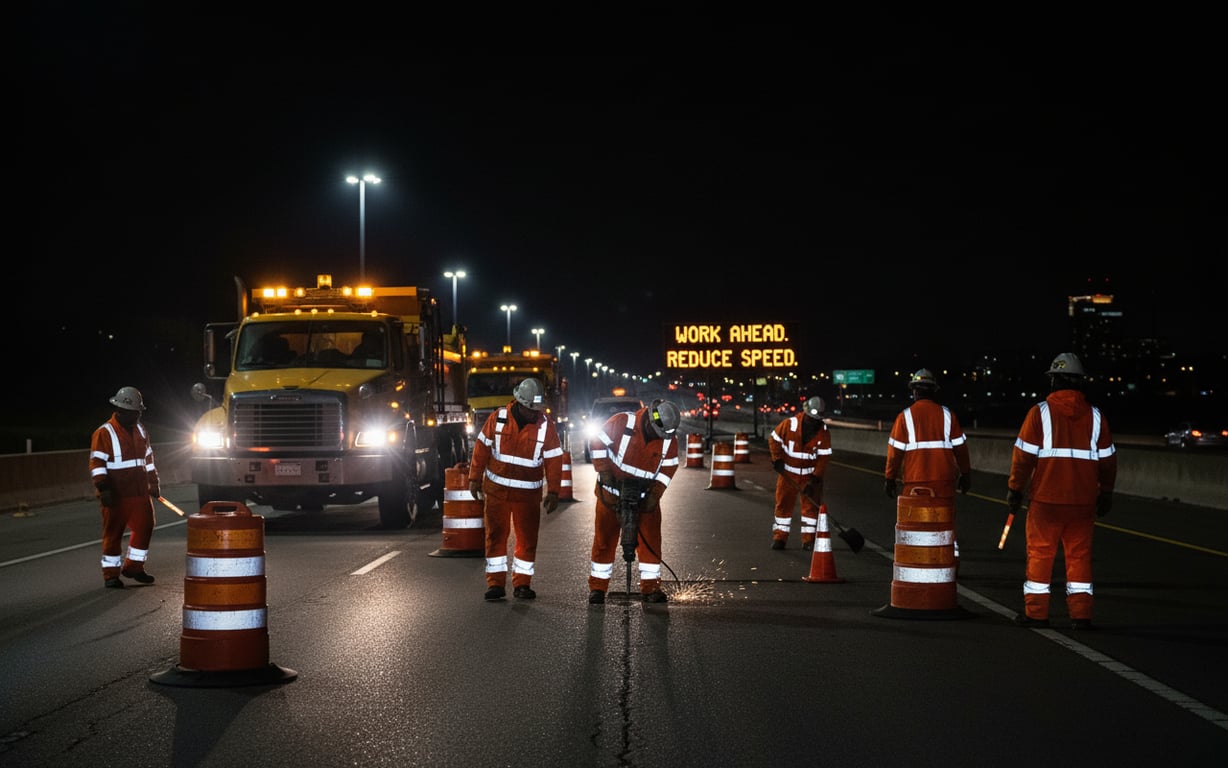 Lucrători rutieri în echipament reflectorizant pe autostradă noaptea