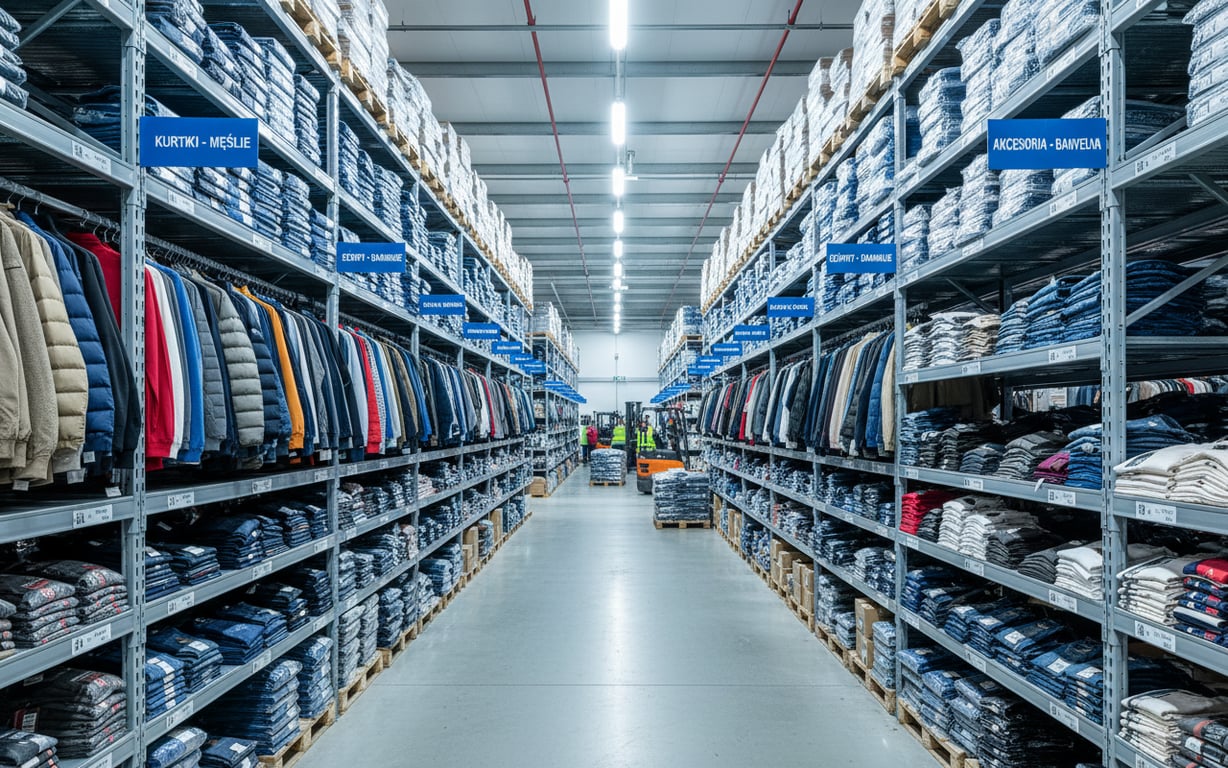 Magazyn hurtowni odzieży z posegregowanymi markowymi produktami na półkach