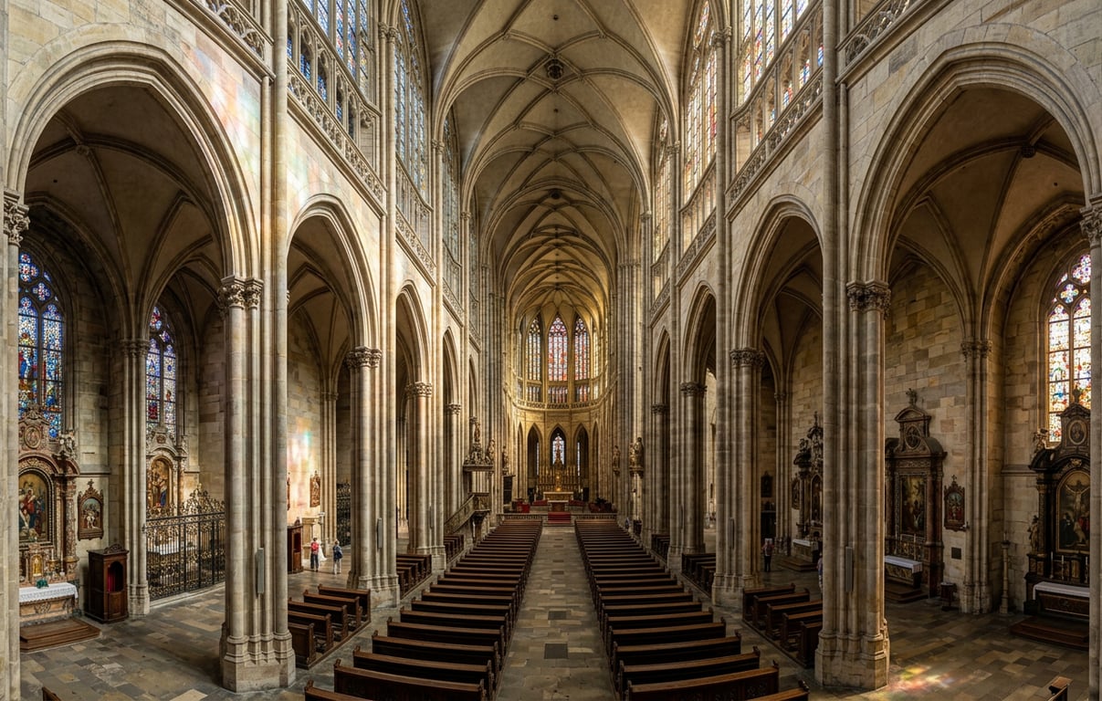 Interiorul Catedralei Sfântul Vitus cu vitralii colorate și arcade gotice înalte