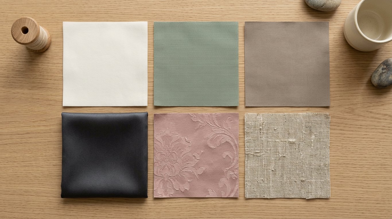 Ansamblu flat lay cu mostre de ranforce, percale, poplin, satin, damasc.