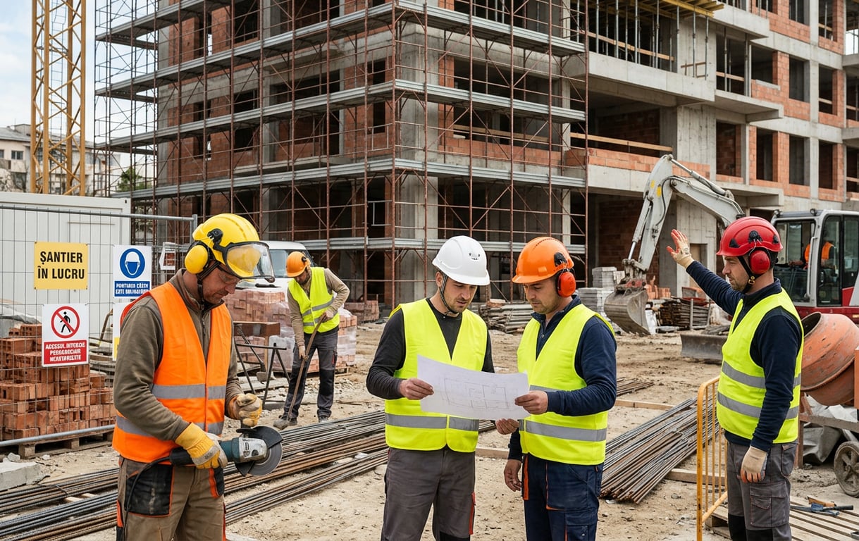 Muncitori pe santier purtand diferite tipuri de casti de protectie certificate