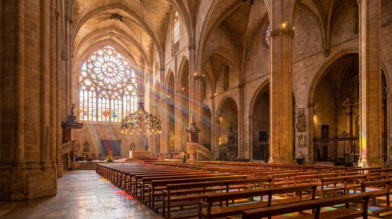Catedrala gotică La Seu din Palma de Mallorca cu vitralii colorate și arhitectură medievală