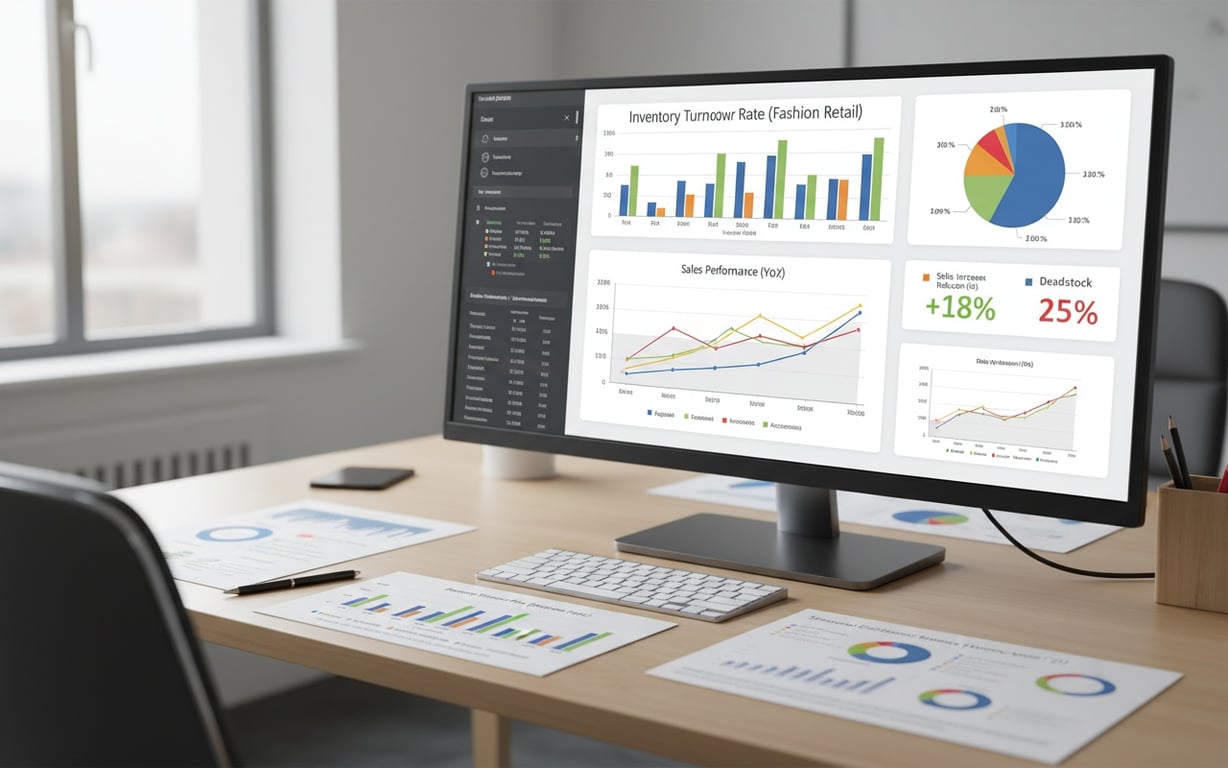 Business analytics charts showing inventory turnover rates and performance metrics for fashion retail