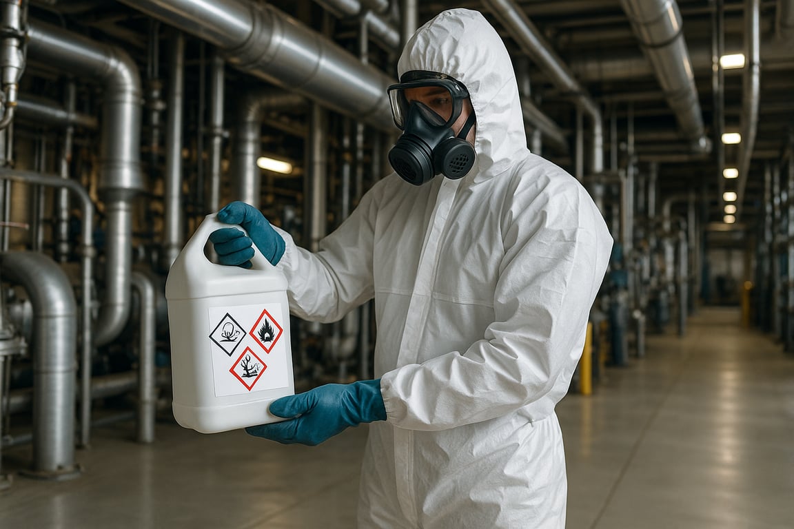 A photorealistic shot capturing a worker in a chemical plant wearing a full protective suit, including a respirator, gloves, and boots, handling a container with chemical labels, in a brightly lit industrial environment with pipes and machinery in the background, emphasizing safety and precaution, photographed in a realistic and detailed manner.