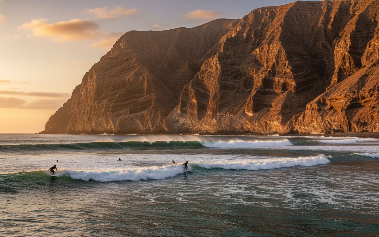 Surferi în apa oceanului la Playa de Famara, cu stâncile Famara în fundal
