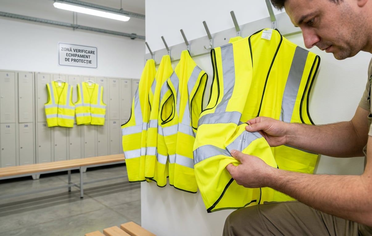 Veste reflectorizante galbene curate si verificate pentru integritatea benzilor reflectorizante