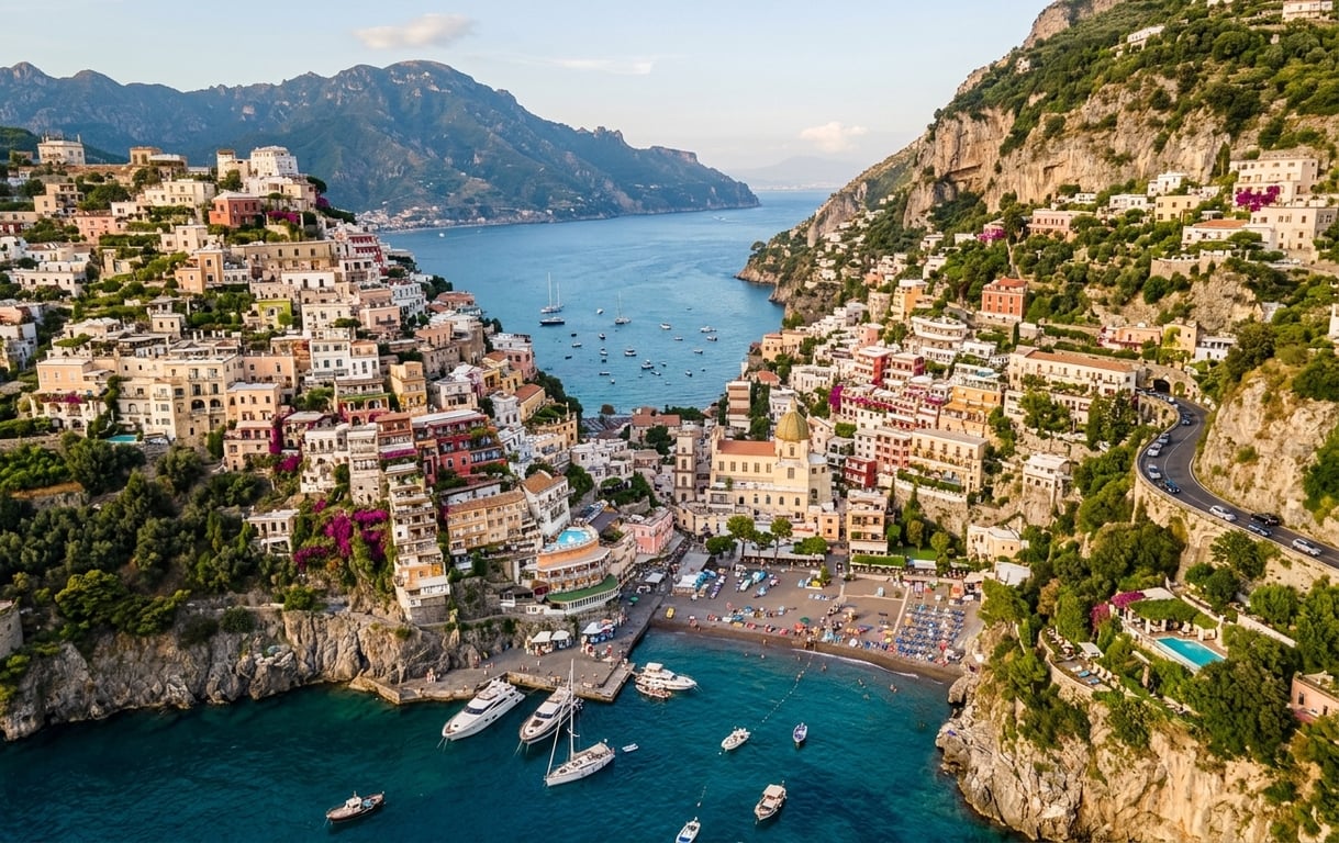 Positano pe Coasta Amalfi cu case pastelate în cascadă pe faleze și Marea Tirenă