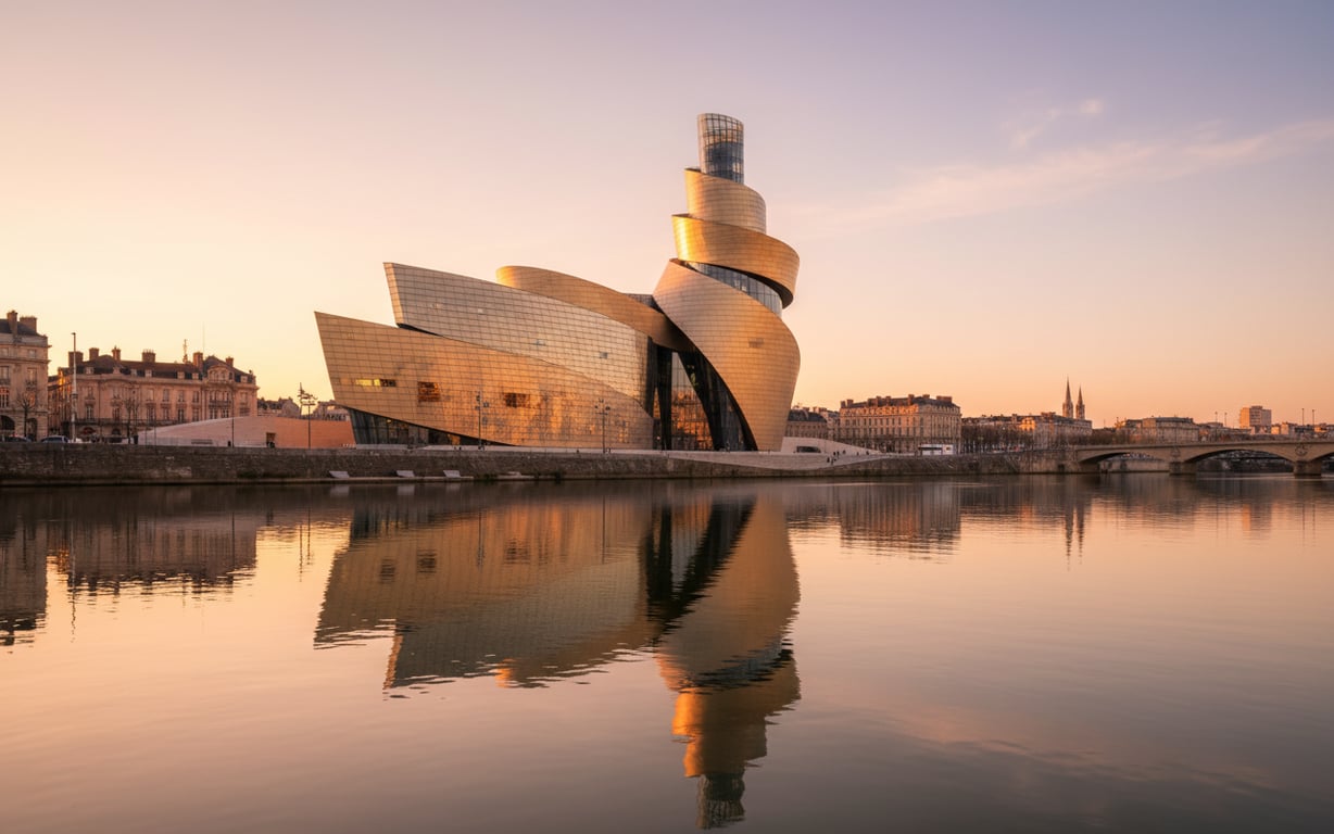 Clădirea modernă Cité du Vin reflectată în apa fluviului Garonne la apus