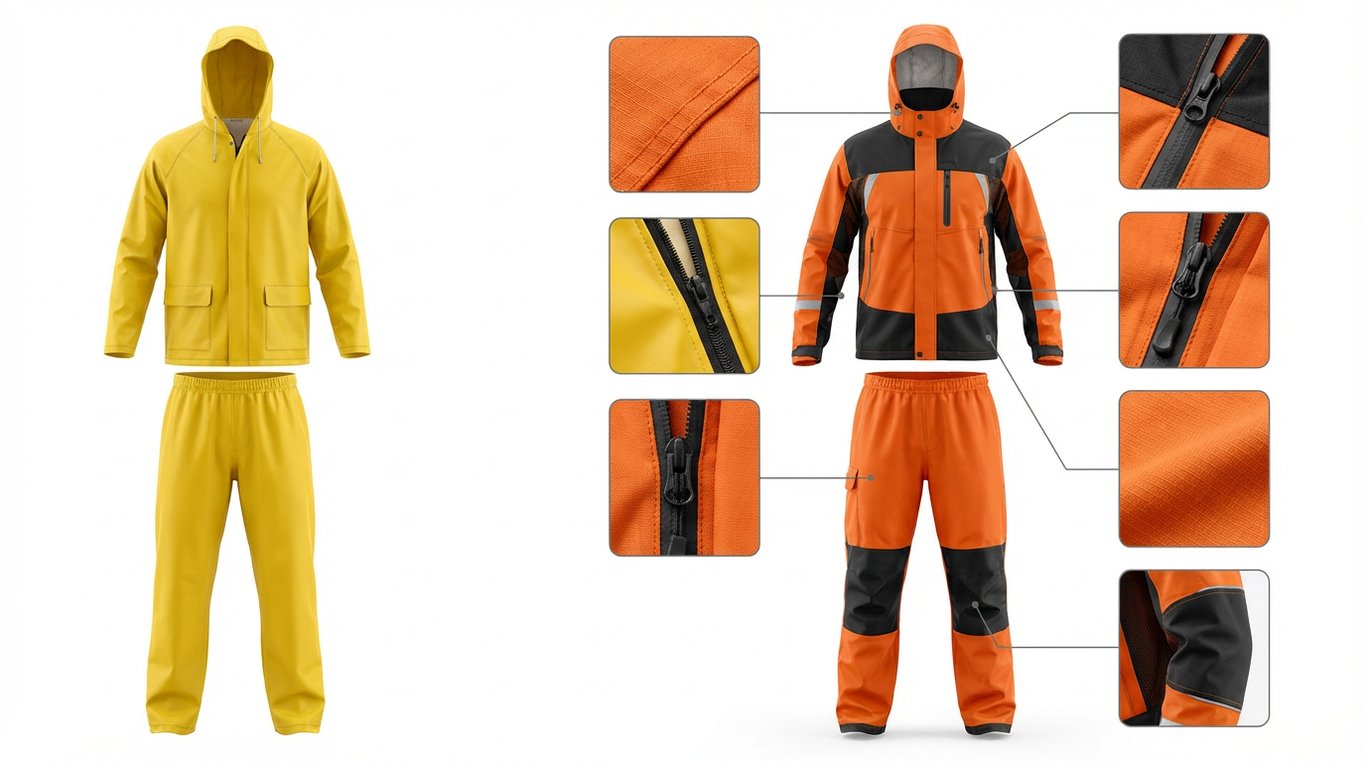 Comparatie intre echipament impermeabil economic si premium pentru santier cu detalii tehnice