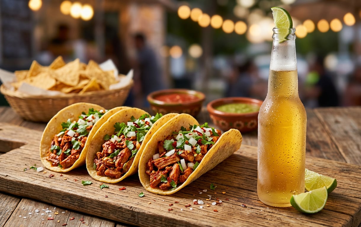 Tacos mexicani picante cu bere lager rece pe masă rustică