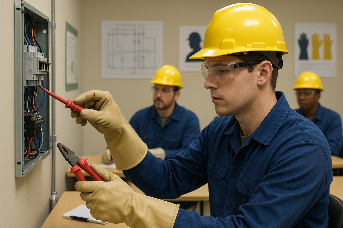 A photorealistic shot capturing a training session for electricians, focusing on the proper use of safety equipment, including gloves, goggles, and insulated tools, in a classroom setting with diagrams and safety posters on the walls, bright lighting, emphasizing the importance of education and adherence to safety protocols.