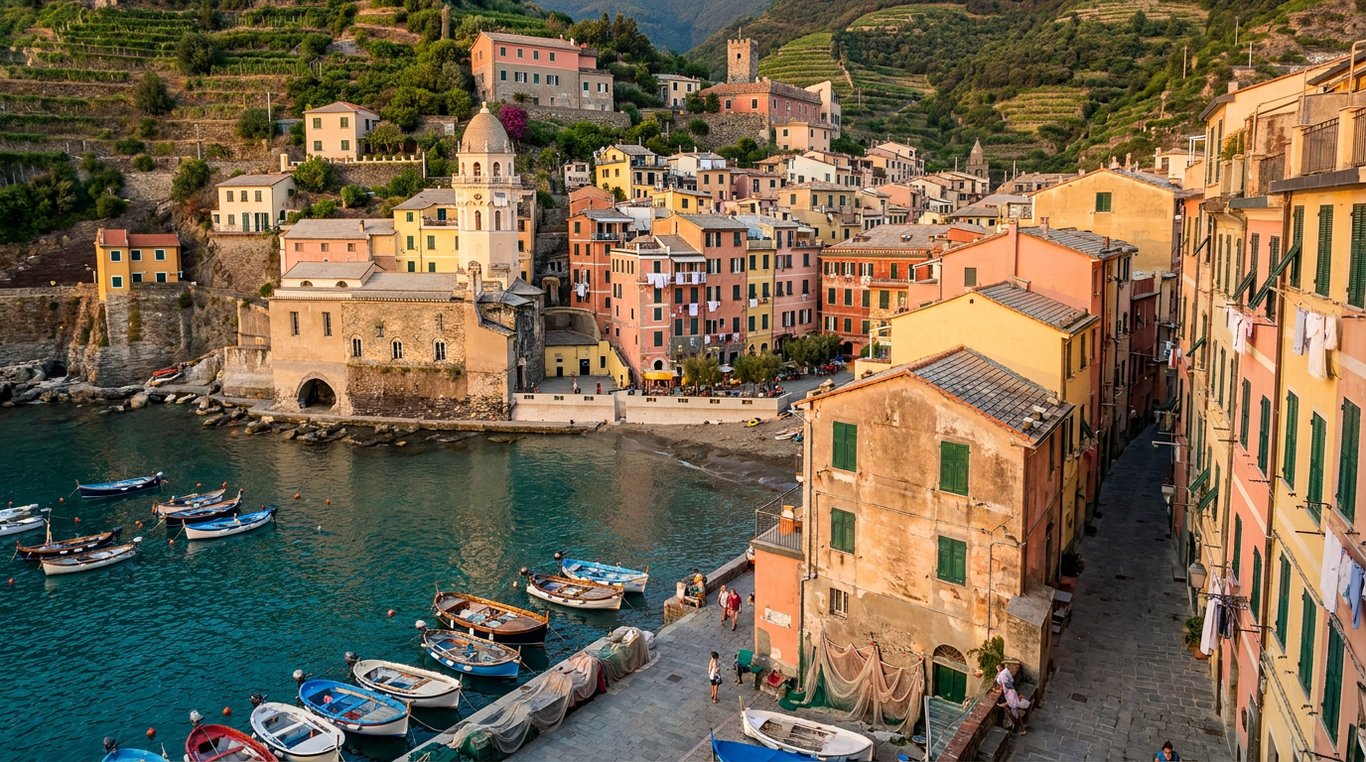 Vernazza din Cinque Terre cu portul natural, case colorate și arhitectură medievală tradițională