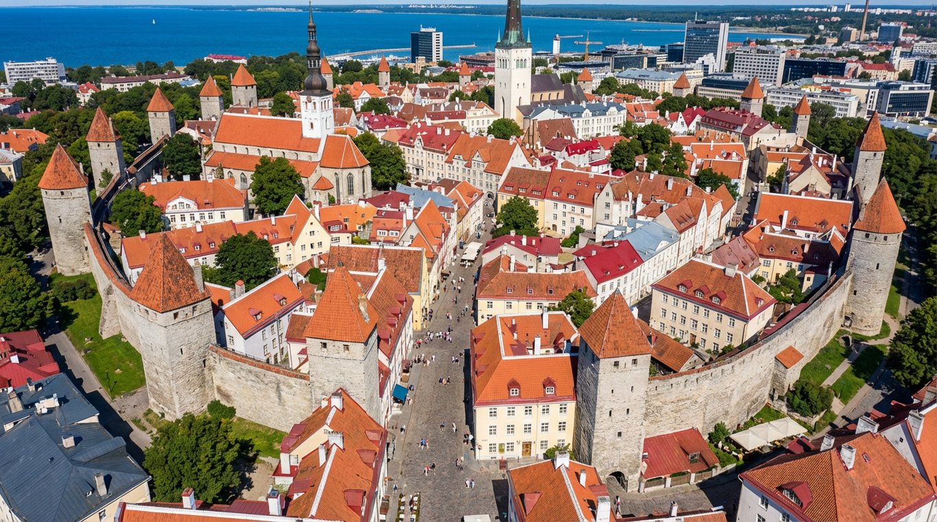 Centrul medieval al orașului Tallinn cu turnuri de apărare și străzi pavate