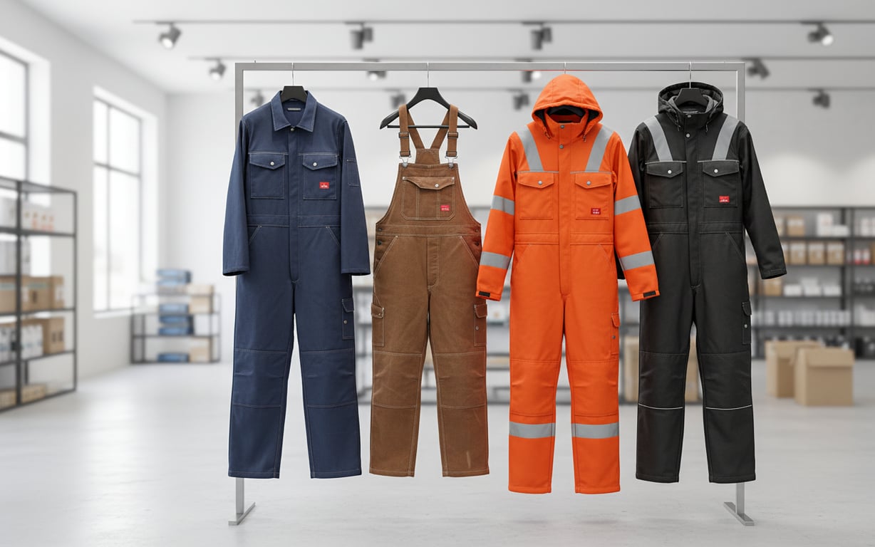 Diferite tipuri de salopete de lucru aranjate pentru comparatie