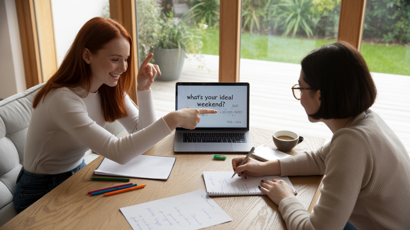 Doi prieteni creând un test, zâmbete, hârtie și pixuri