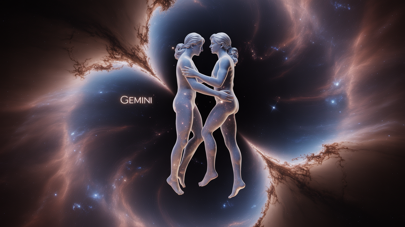 Ilustrație artistică a constelației Gemeni pe un fundal cosmic
