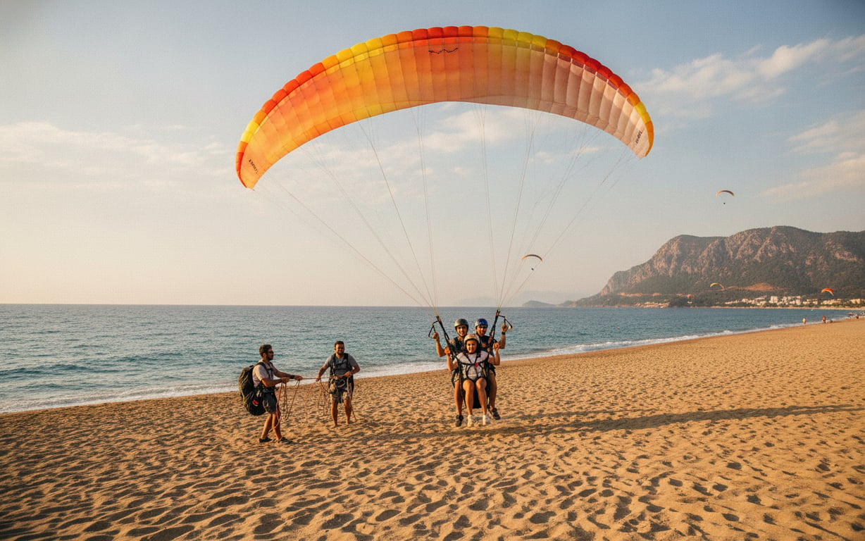 Parapantist aterizând lin pe plaja Oludeniz cu echipa la sol pregătită să asiste