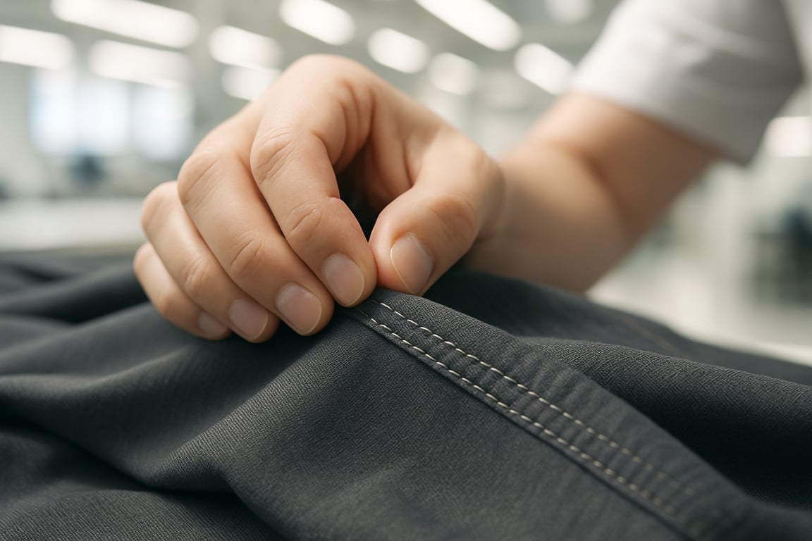 A close-up, photorealistic shot capturing a hand carefully inspecting the stitching on a high-quality garment in a brightly lit quality control setting, focusing on the precision and detail of the seams, with soft, diffused lighting to highlight the texture of the fabric and the meticulous nature of the inspection process, emphasizing the importance of quality assurance in apparel sourcing.