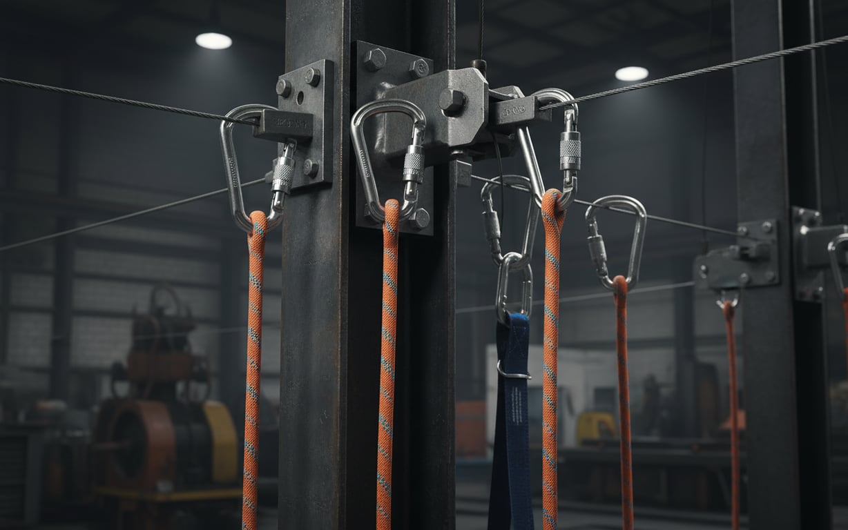 Sistem ancorare cu coardă dinamică și carabiniere pentru siguranță