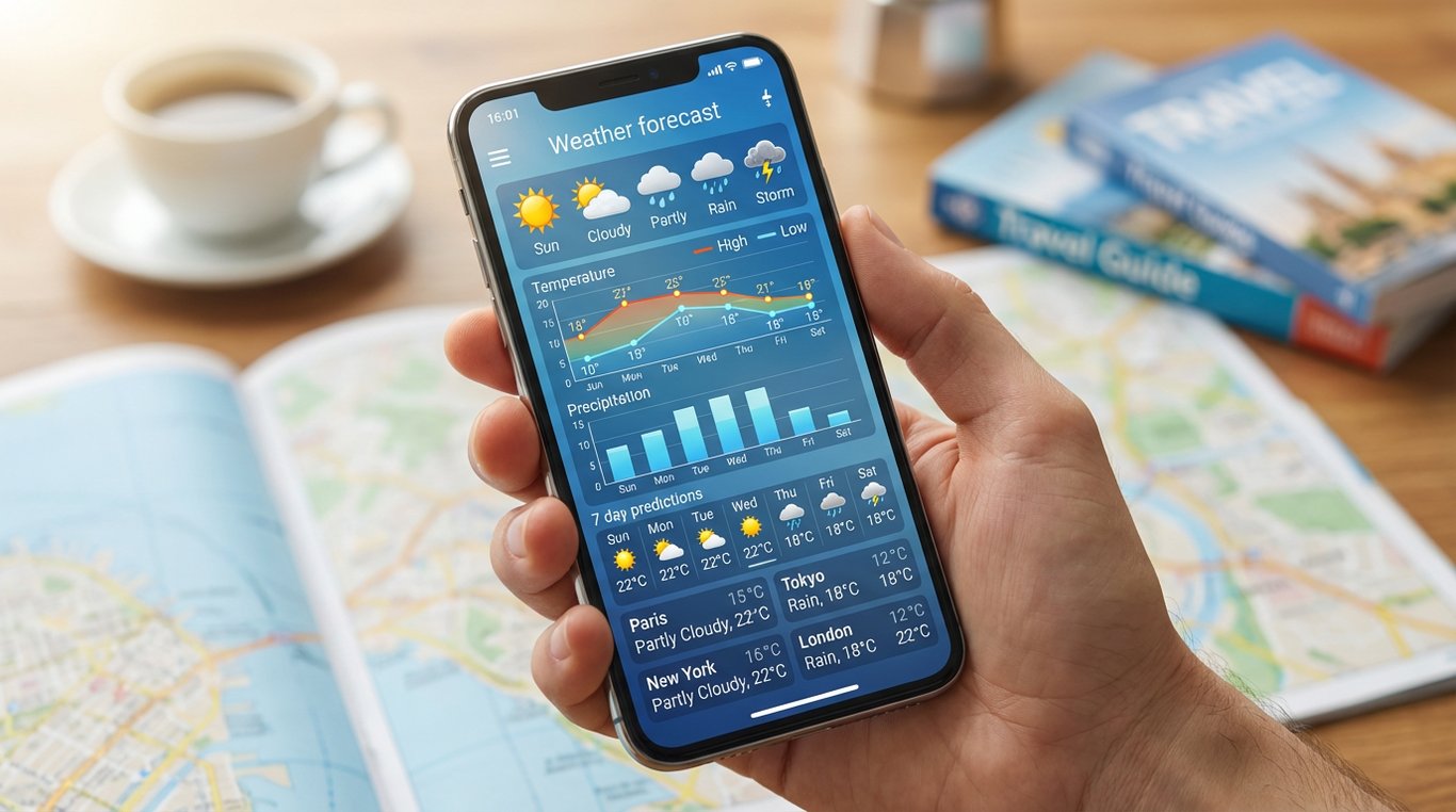 Smartphone afișând aplicație meteo cu prognoză pentru destinații turistice