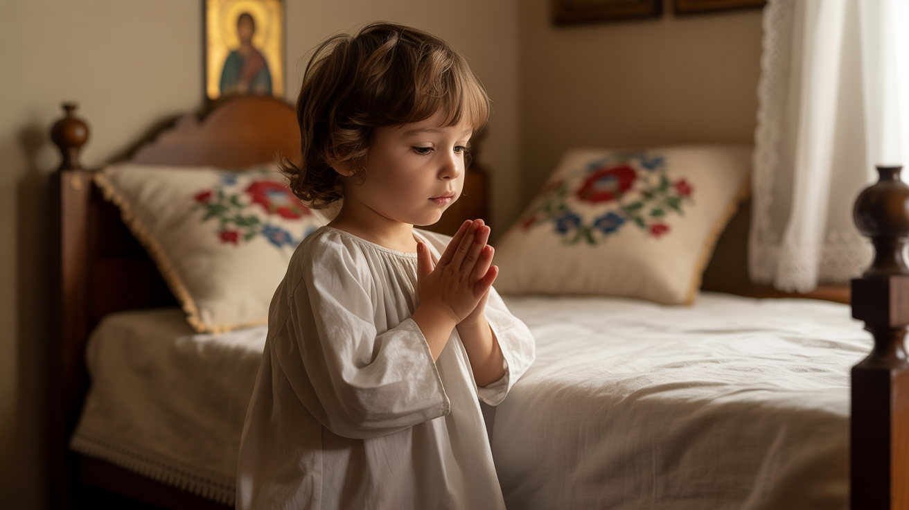 Copil rugându-se pentru părinți, atmosferă caldă, legătură emoțională puternică.