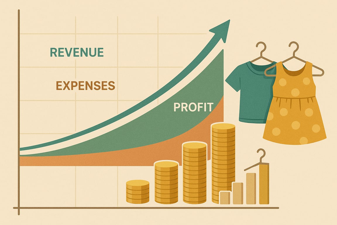A graph illustrating financial planning and cash flow management for a wholesale business, showing revenue projections, expense tracking, and profit margins, emphasizing the importance of financial stability and growth in the children's clothing market.