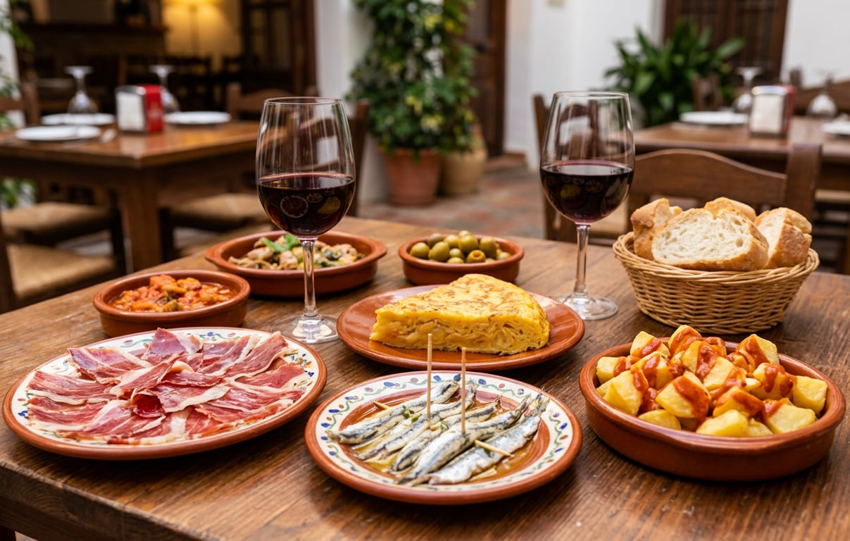 Farfurie cu tapas andaluze tradiționale și jamón ibérico servite în restaurant spaniol