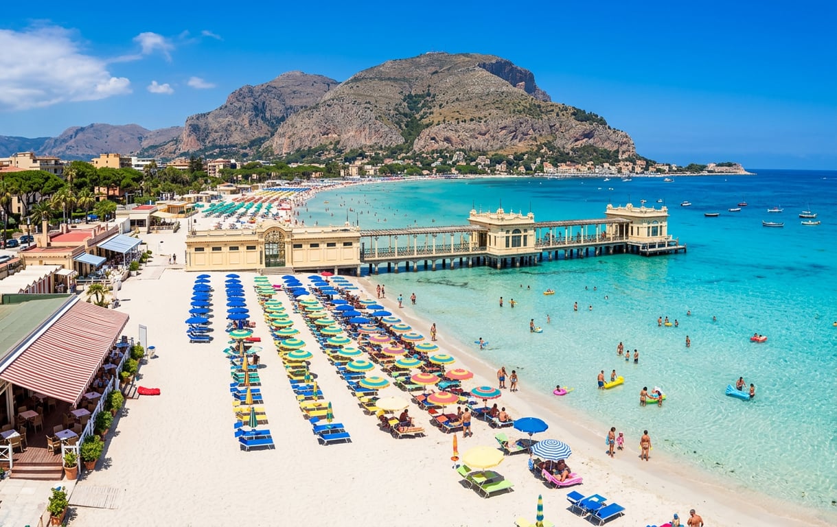 Plaja Mondello din Palermo cu nisip alb fin și ape turcoaz cristaline