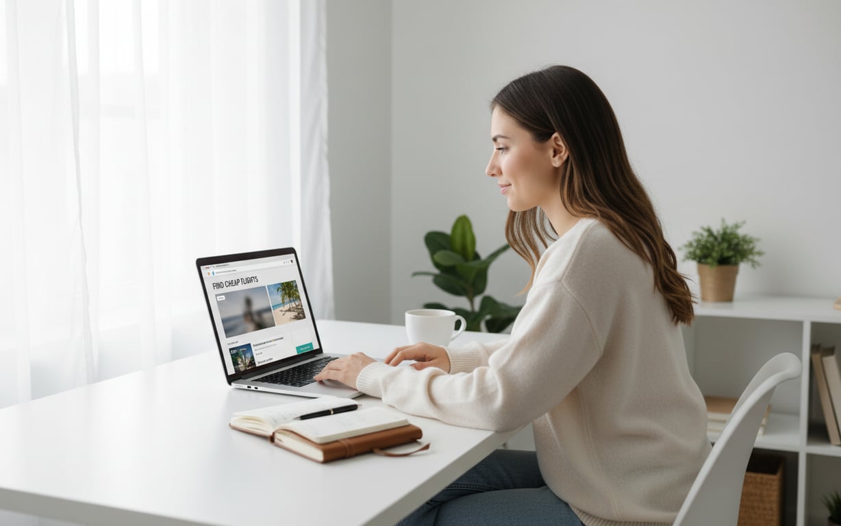 Persoană care caută zboruri ieftine pe laptop pentru vacanță la plajă