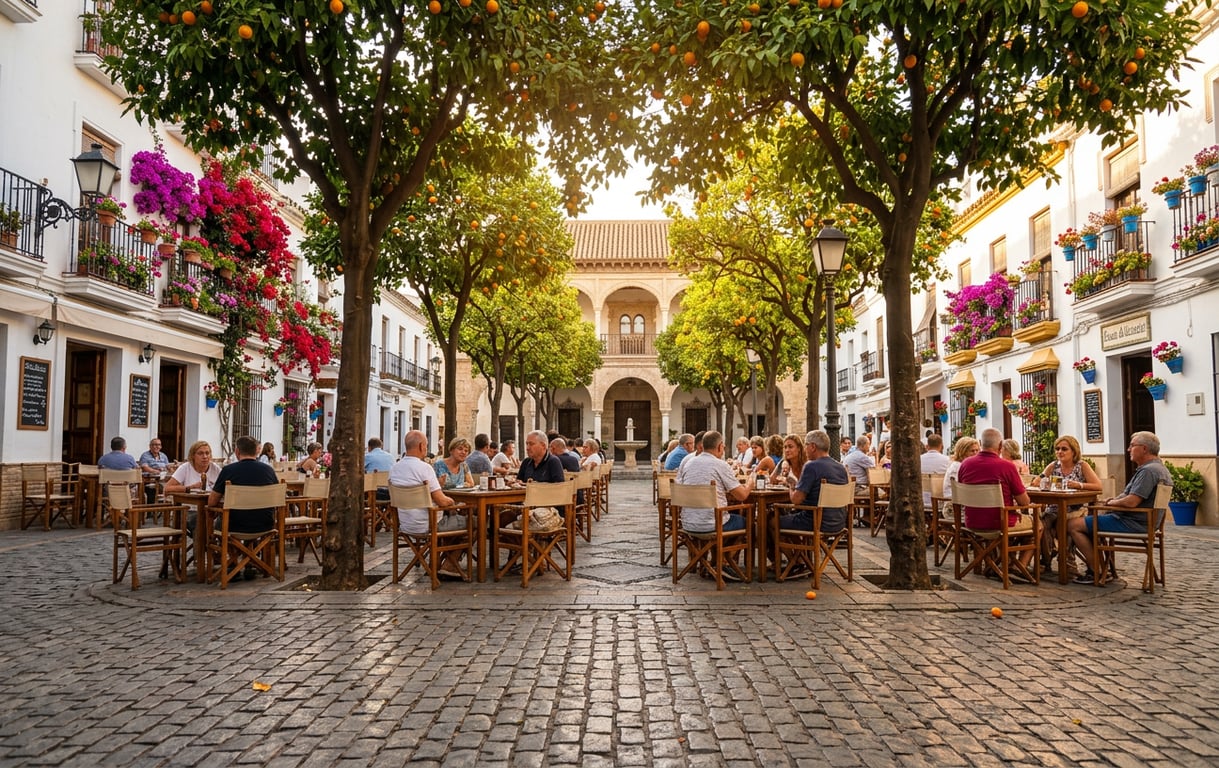 Plaza de los Naranjos în centrul vechi Marbella cu terase tradiționale și portocali