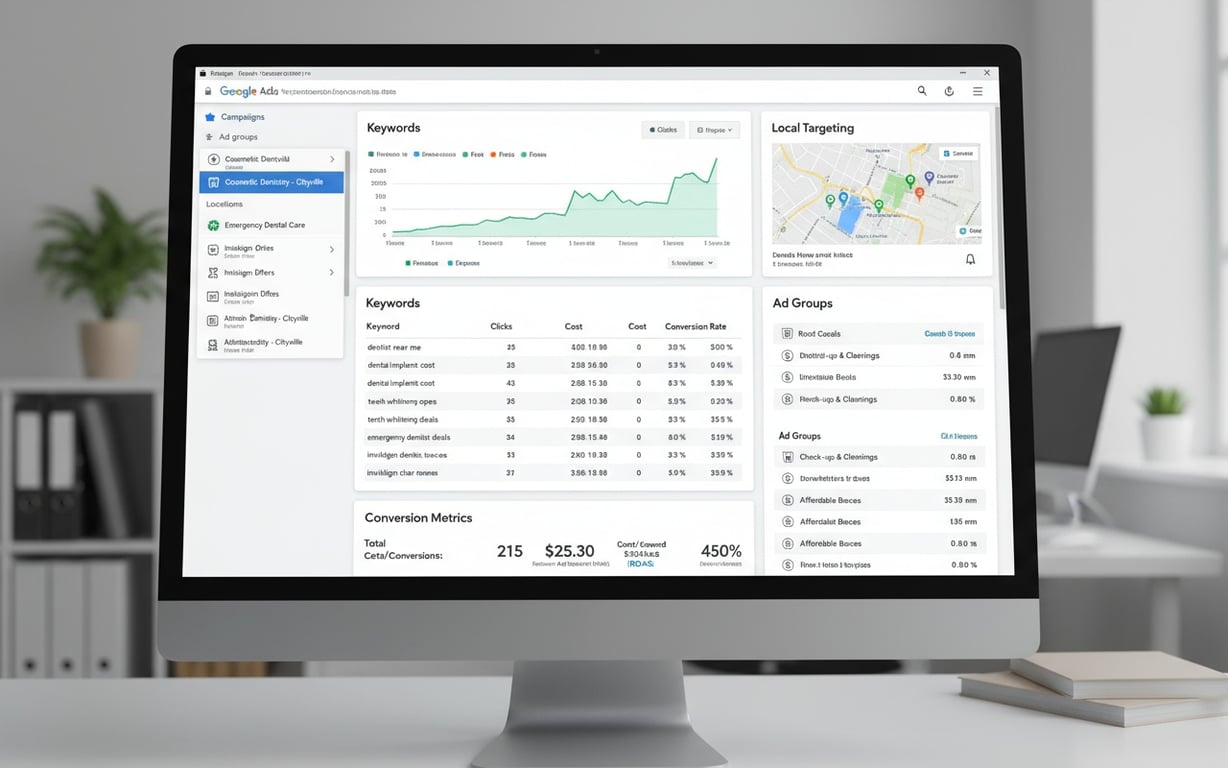 Digital advertising dashboard showing dental PPC campaigns and performance metrics