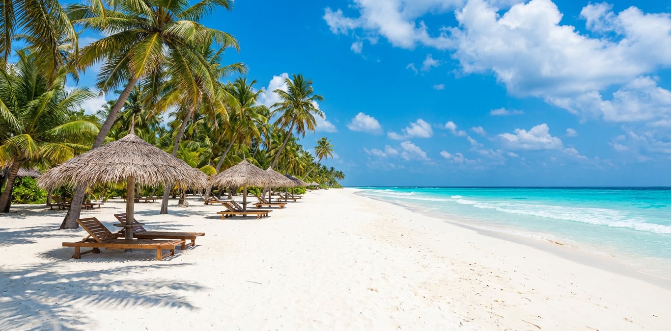 Plajă tropicală cu nisip alb, ape turcoaz cristaline și palmieri sub cer senin de vară
