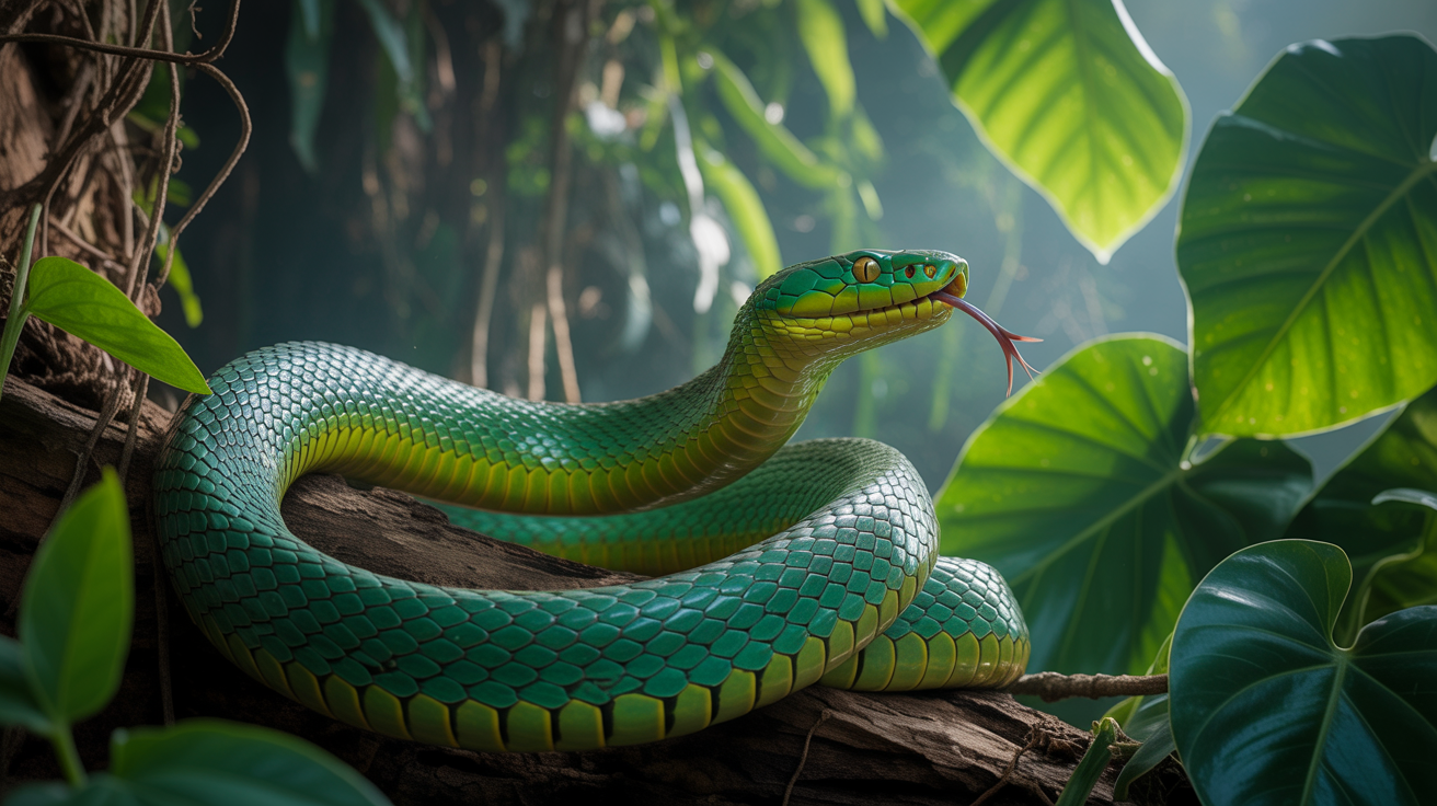 Un șarpe mare, verde, într-o junglă luxuriantă, simbolizând provocări.