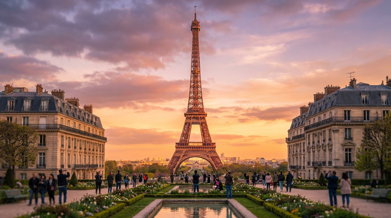 Turnul Eiffel fotografiat de la Trocadéro în timpul apusului parizian auriu