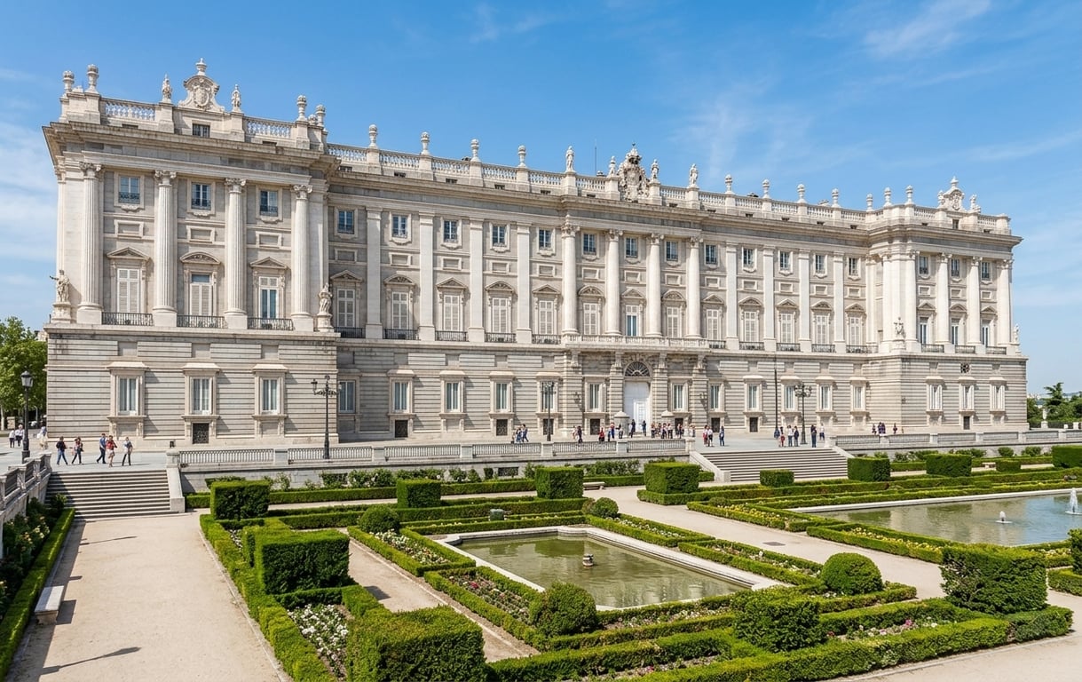 Palatul Regal din Madrid cu grădinile sale spectaculoase și arhitectura barocă impresionantă