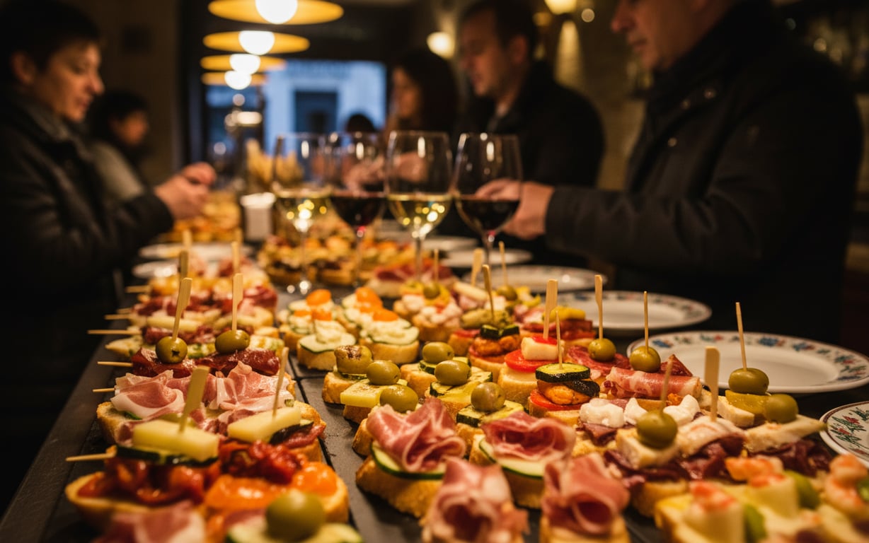Tejghea plină cu pintxos colorate într-un bar tradițional basc seara