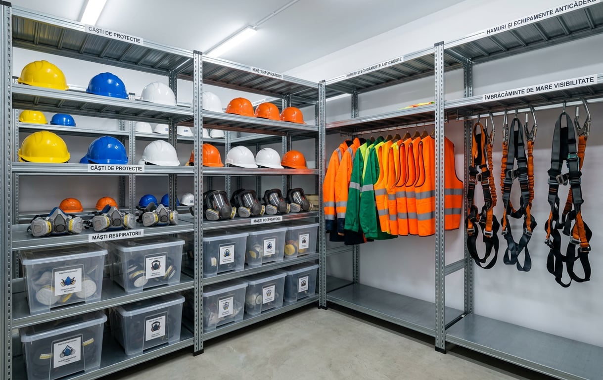 Spatiu de depozitare organizat pentru echipamente de protectie cu rafturi etichetate