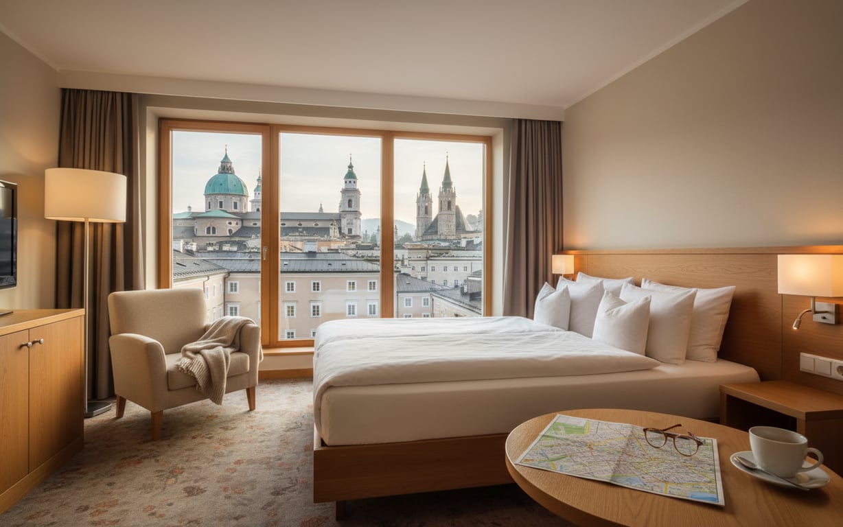 Cameră de hotel elegantă în Salzburg cu vedere spre clădirile istorice baroce