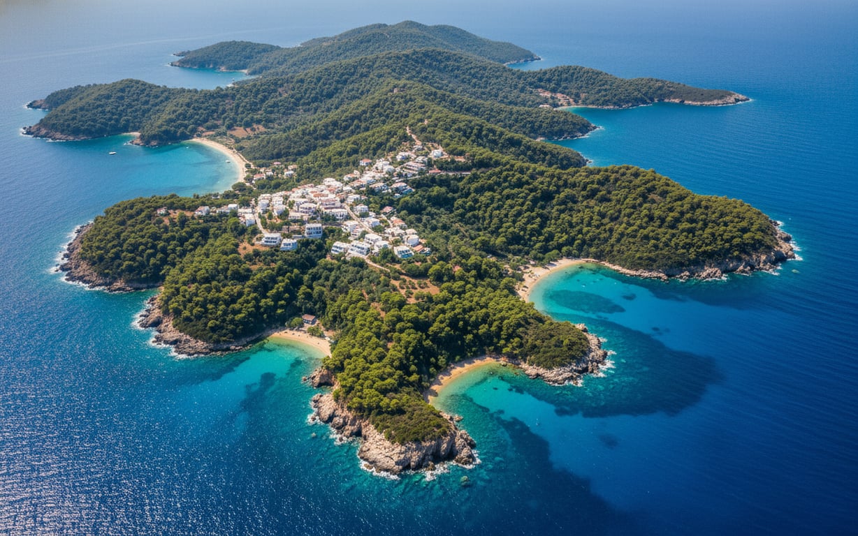 Vedere panoramică a insulei Thassos cu mare albastră și vegetație verde
