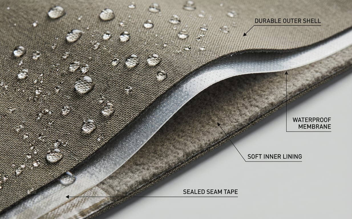 Detaliu macro al materialului impermeabil cu membrane textile si cusaturi sigilate